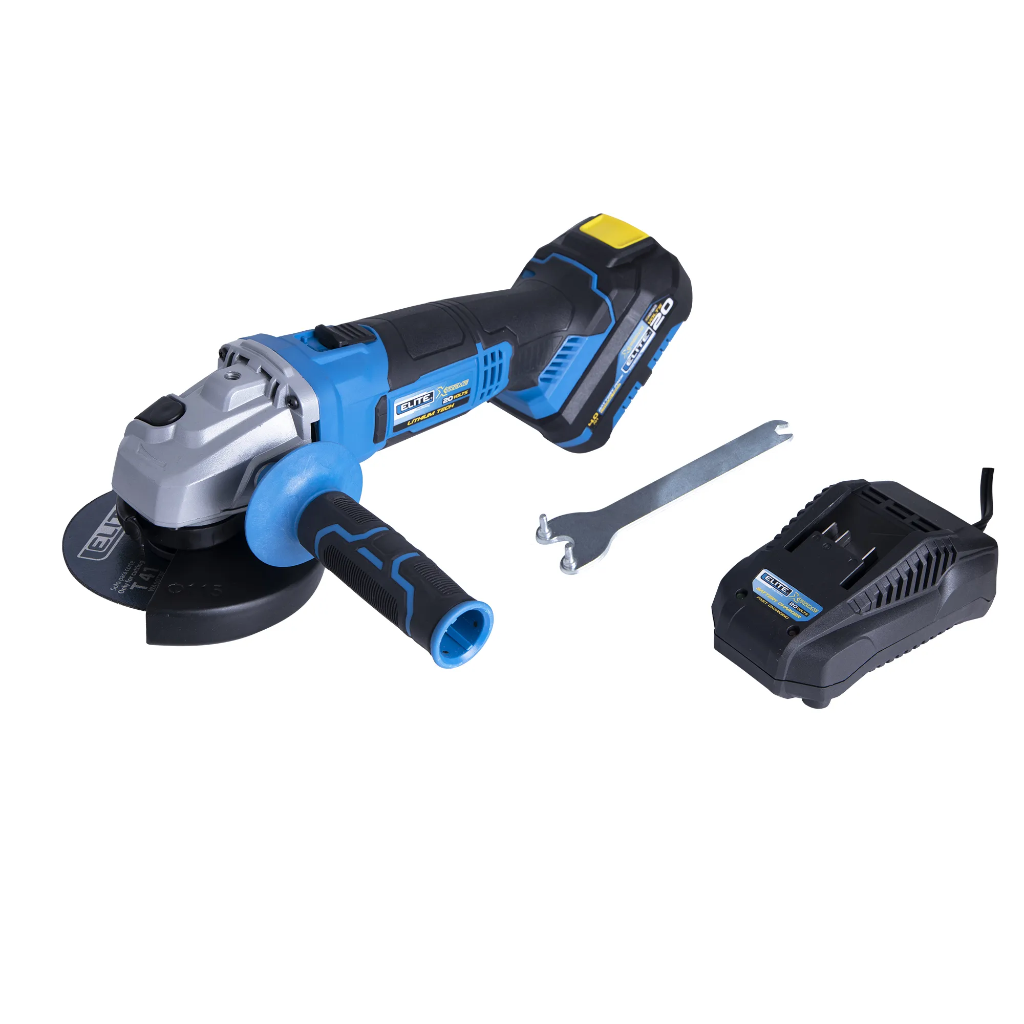 Esmeriladora inalámbrica 4-1/2 pulg, 20V, 10.000 RPM ELITE con Batería, Cargador, Estuche Plástico, Mango Auxiliar, Guarda Disco y Llave de ajuste